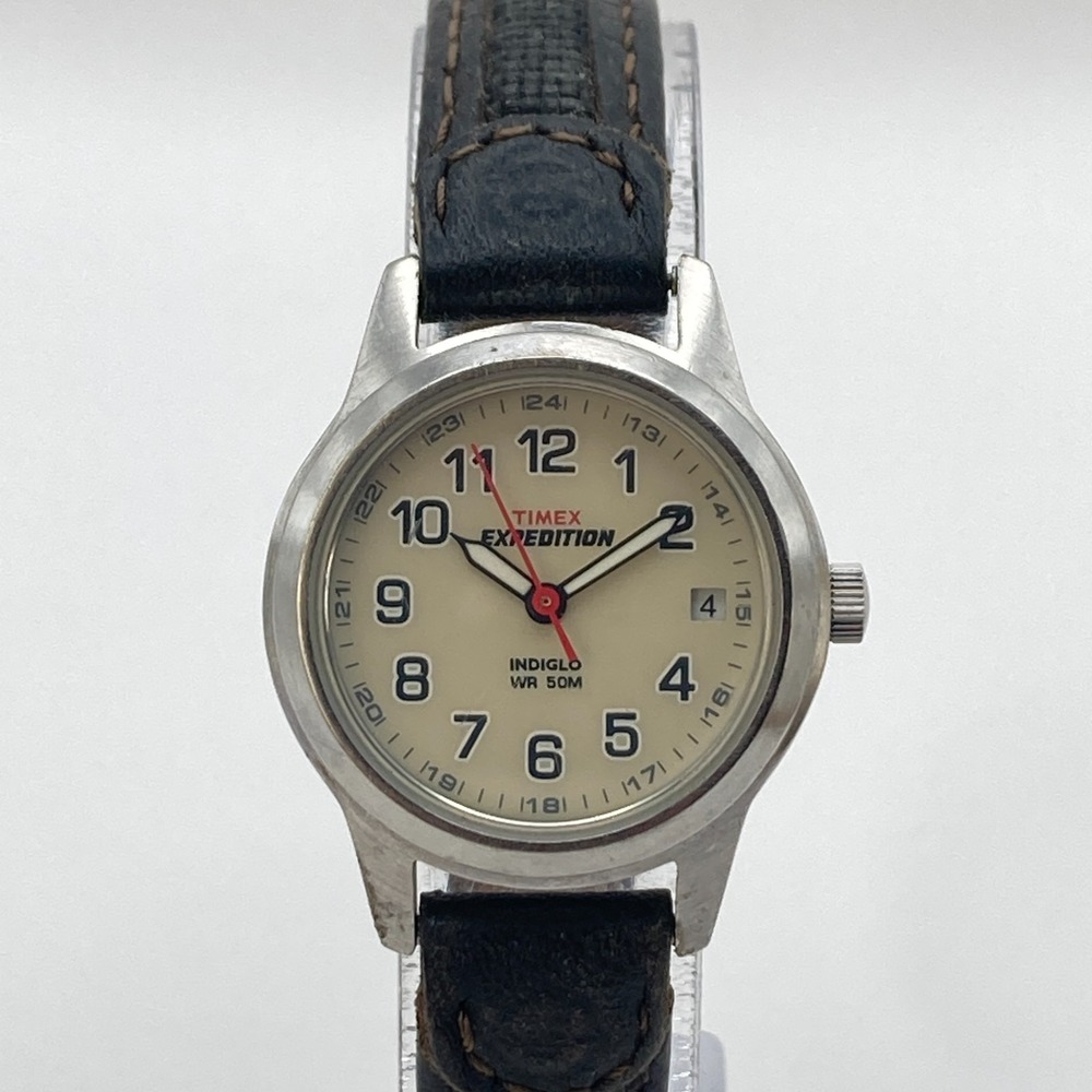 Timex Expedition Women's Watch 26mm Silver Tone Indiglo Date Leather New Battery